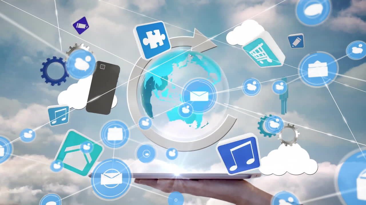 Animation of network of connections with icons over globe and tablet
