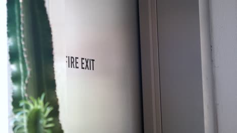 a close-up of a fire exit sign on a white door