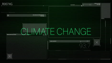 animation of climate change text, digital data processing over computer screens