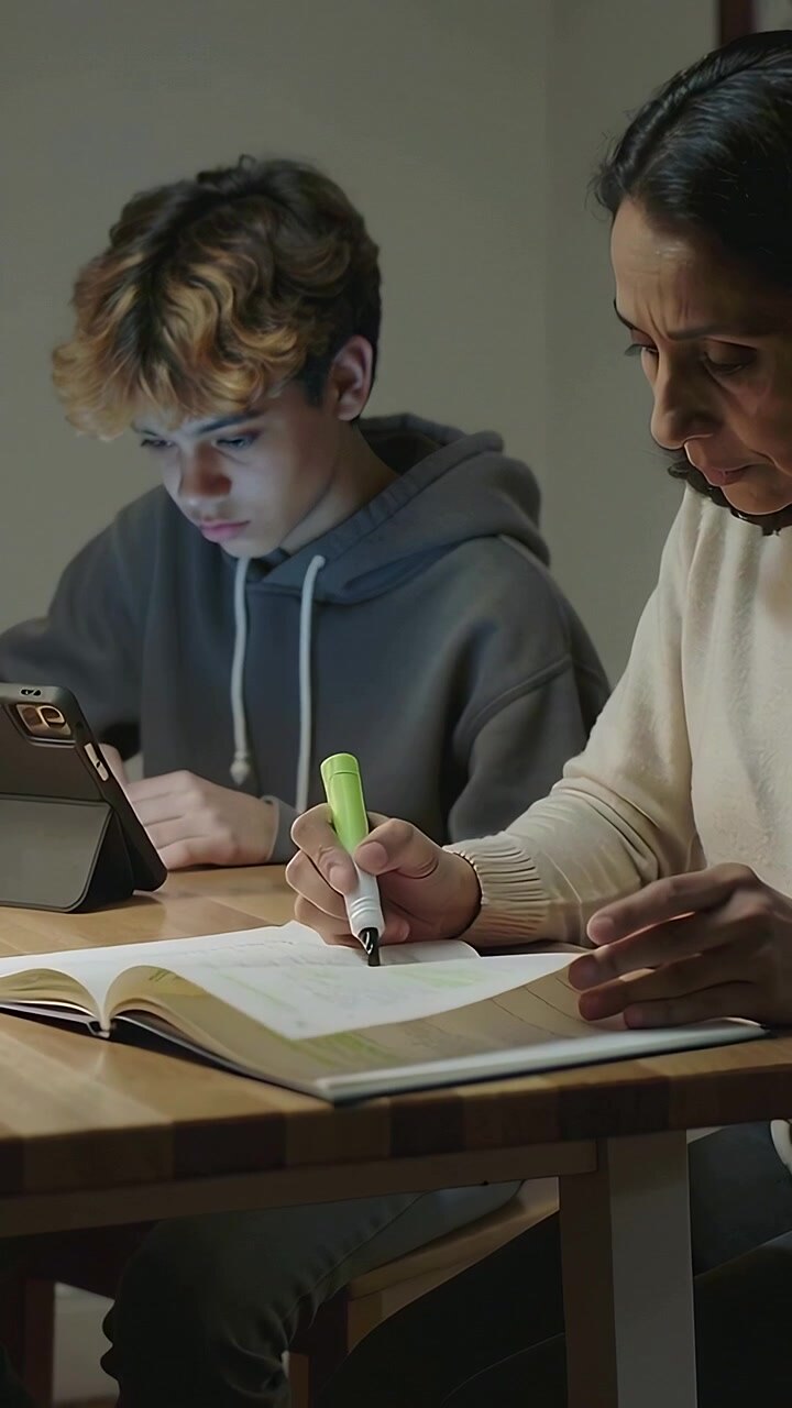 Vertical video: Marking woman marking book as teen in gray hood tapping tablet home study