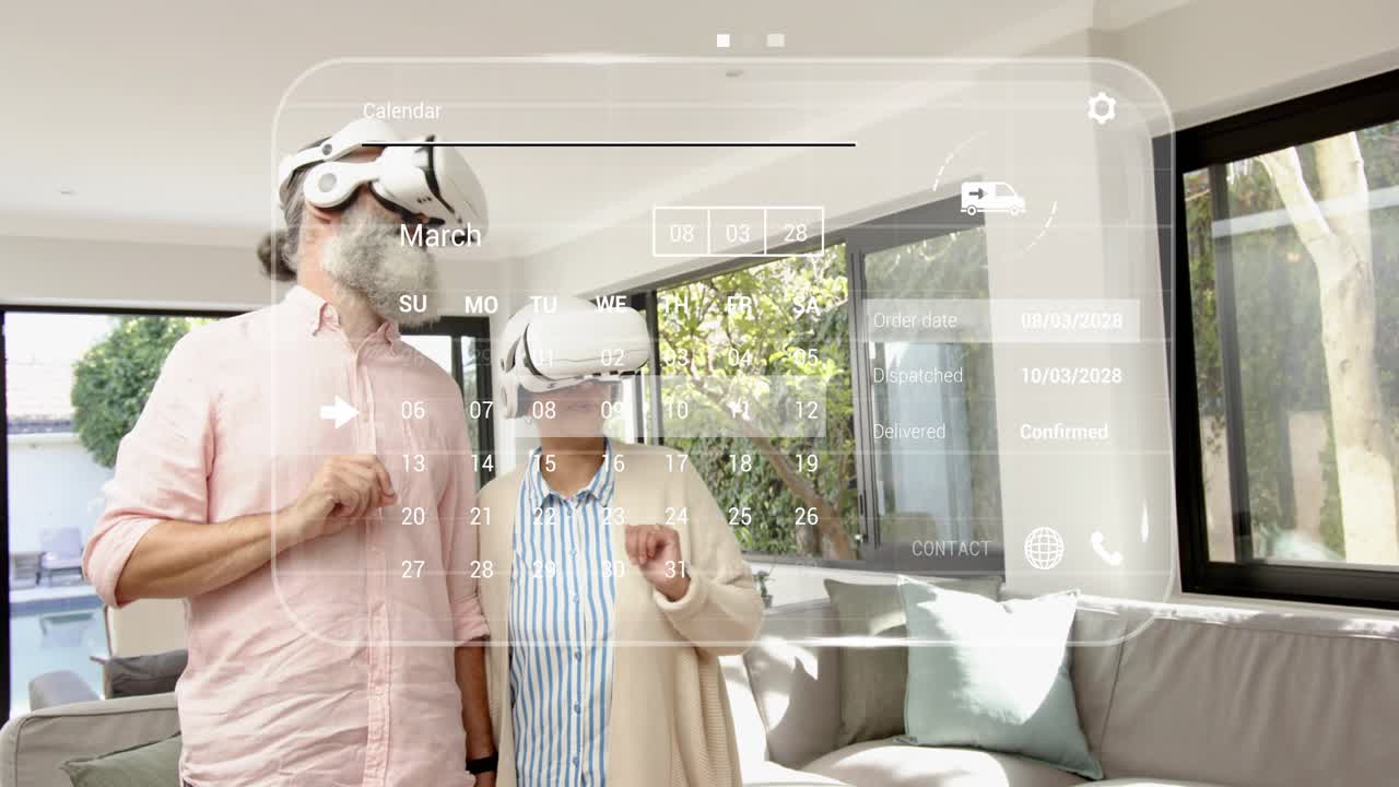 Man and woman standing at home wearing VR raising hands using calendar technology checking orders
