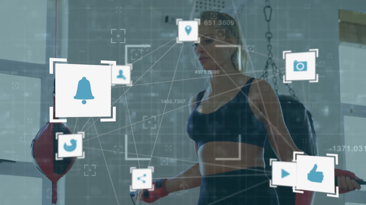 alcance sobre el globo de iconos digitales contra la mujer saltando con cuerda de saltar