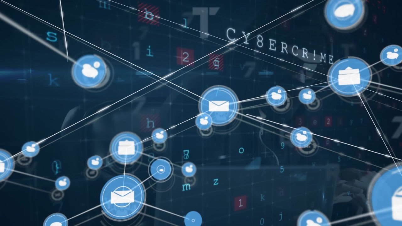 Animation af netværk af forbindelser med ikoner og databehandling over hacker