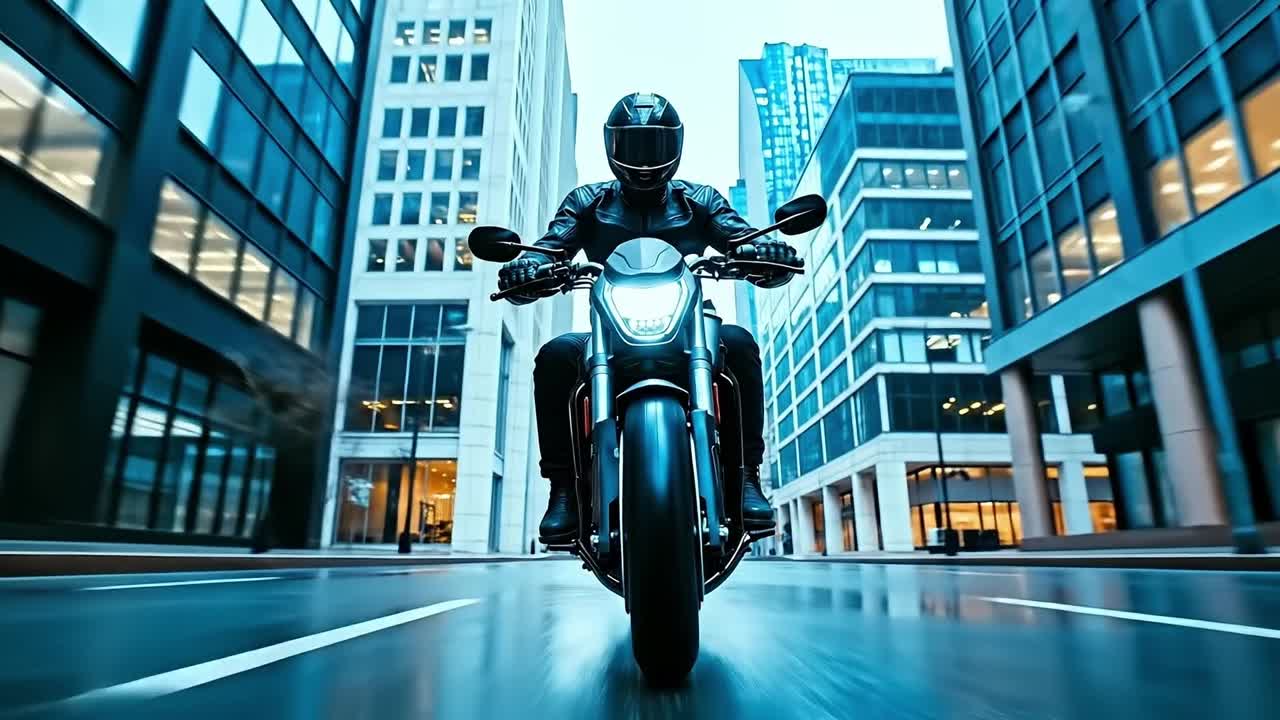 도시 거리를 따라 오토바이를 타고 있는 사람