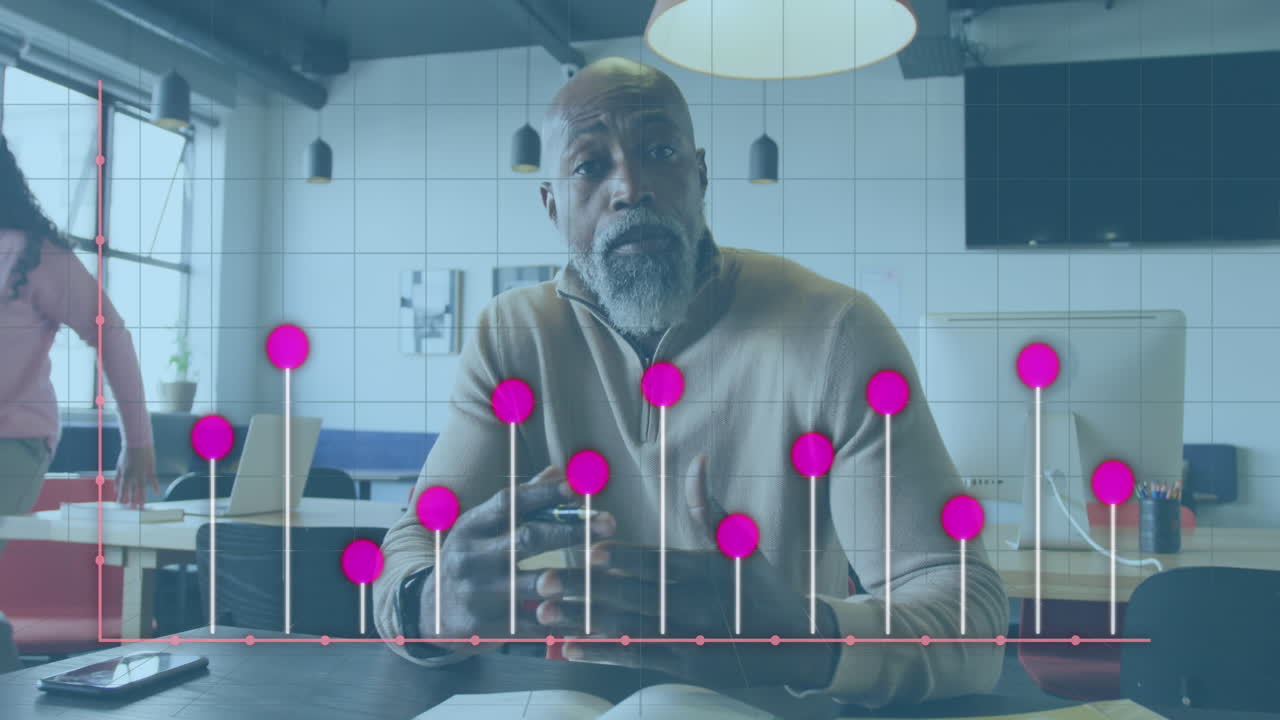 Animation of financial data processing over diverse business people working at office