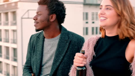 love, beer and couple talking on rooftop