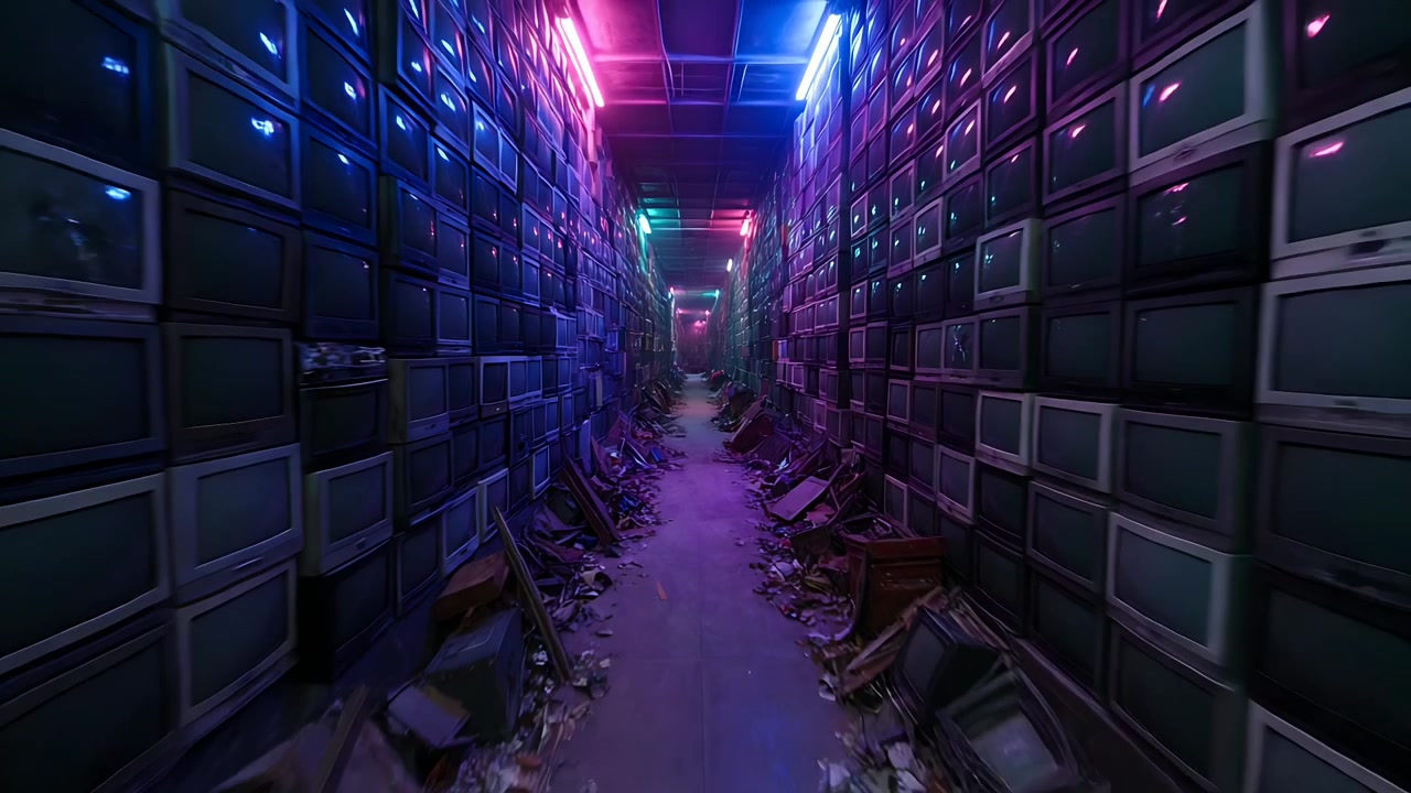 Starting panning camera moving through storage corridor lined with stacked CRT TVs, revealing end