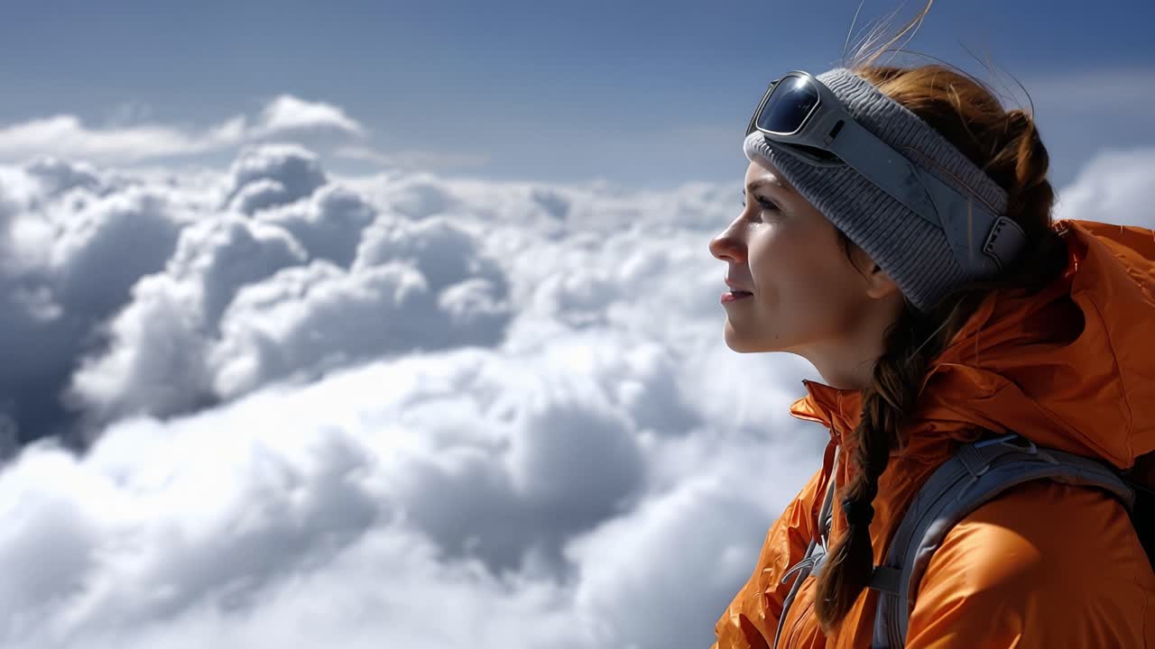Muy por encima de las nubes, una escaladora mira hacia adelante. Una chaqueta naranja brillante contrasta con el vívido cielo azul. La mochila descansa ligeramente, el equipo de cabeza bien sujeto. El viento le despeina el cabello, con los ojos fijos en picos distantes.