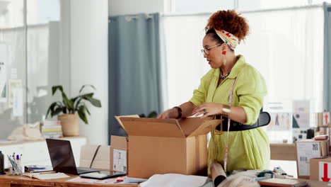 happy woman, fashion and pack box in business