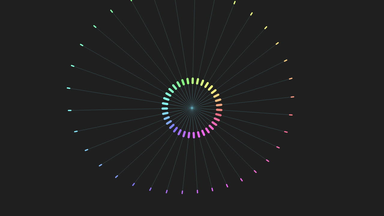 Abstract footage of a colorful radial data visualization with rotating circular light rays on a dark background, ideal for technology, music visualization, dashboards and modern motion design projects