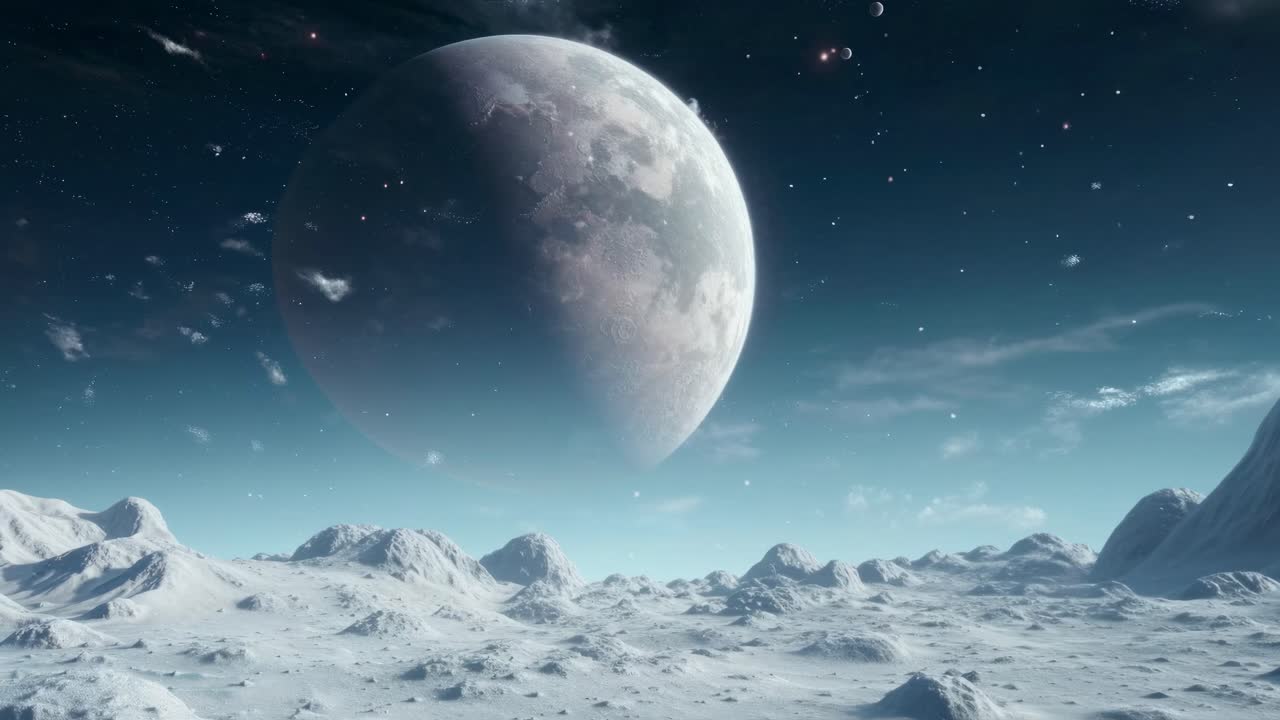 A cinematic video still of a moonlit alien landscape with a low-angle view, showcasing a vast, snowy