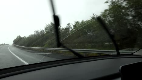 driving on a winding road during a rainstorm