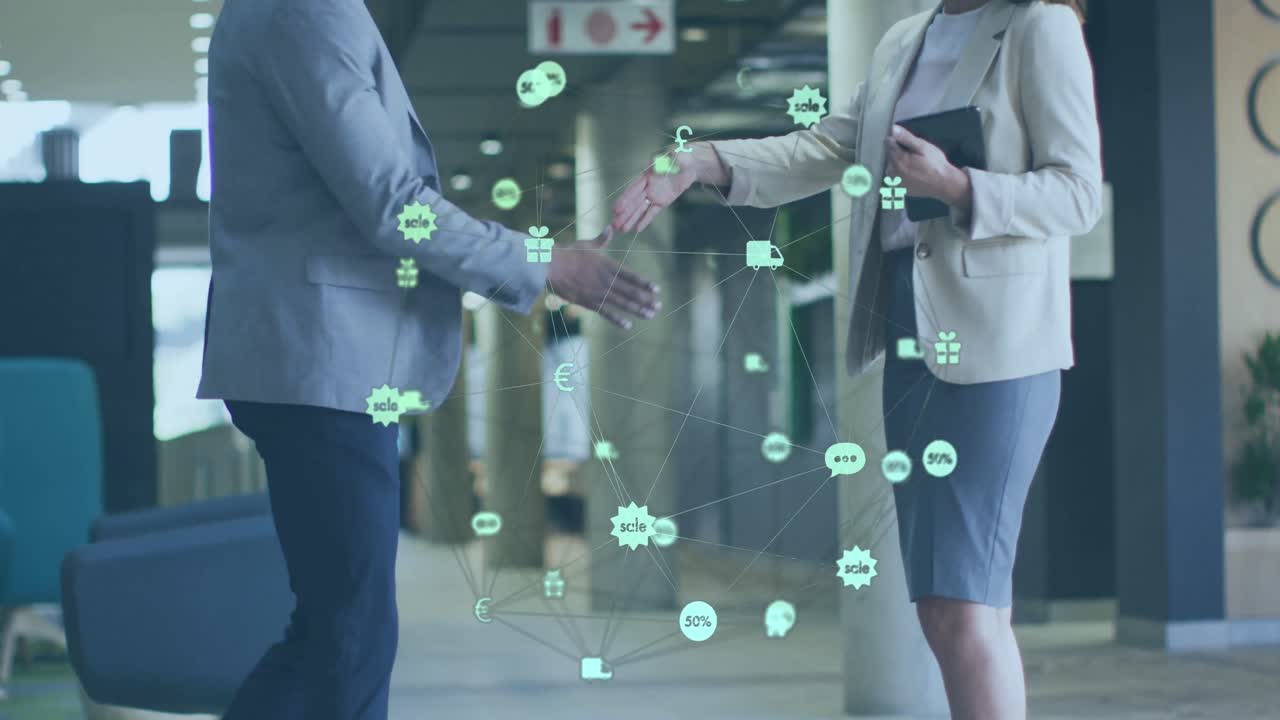 다양한 사업가들이 손을 흔드는 연결망을 가진 지구상의 애니메이션