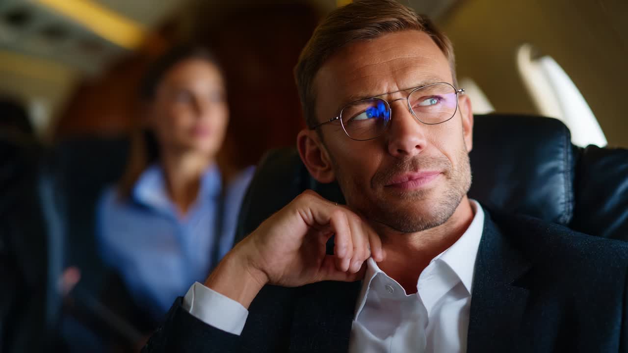 Contemplative Passenger in Airline Cabin During Journey, Reflecting on Thoughts While Engaging with Surroundings Amidst Luxurious Ambiance and Professional Atmosphere in Modern Air Travel Experience