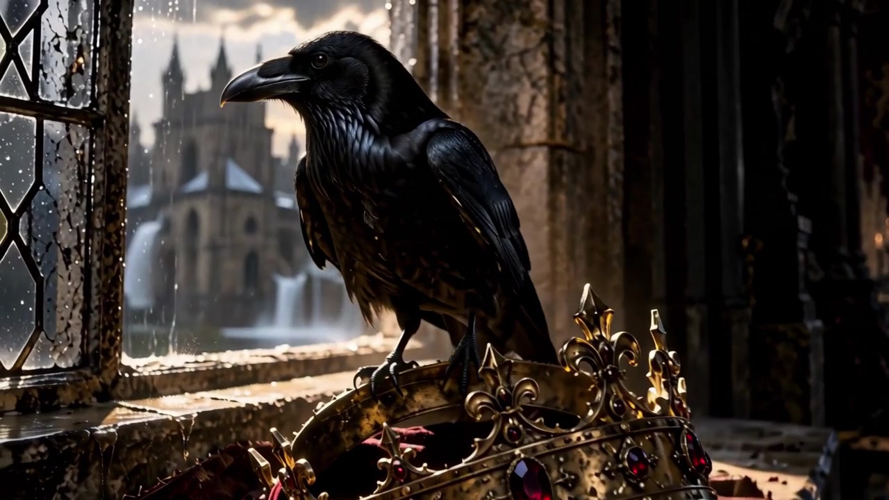 Black Raven Perched on Golden Crown in Dark Medieval Castle