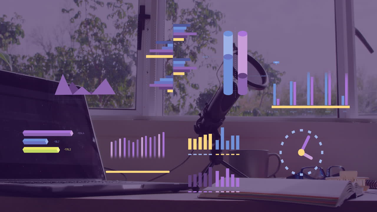 Animation of statistics, graphs and financial data processing over laptop with blank screen
