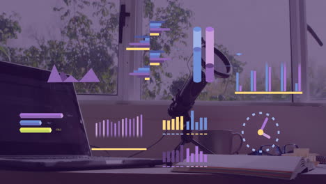 animación de estadísticas, gráficos y procesamiento de datos financieros en un portátil con pantalla en blanco.