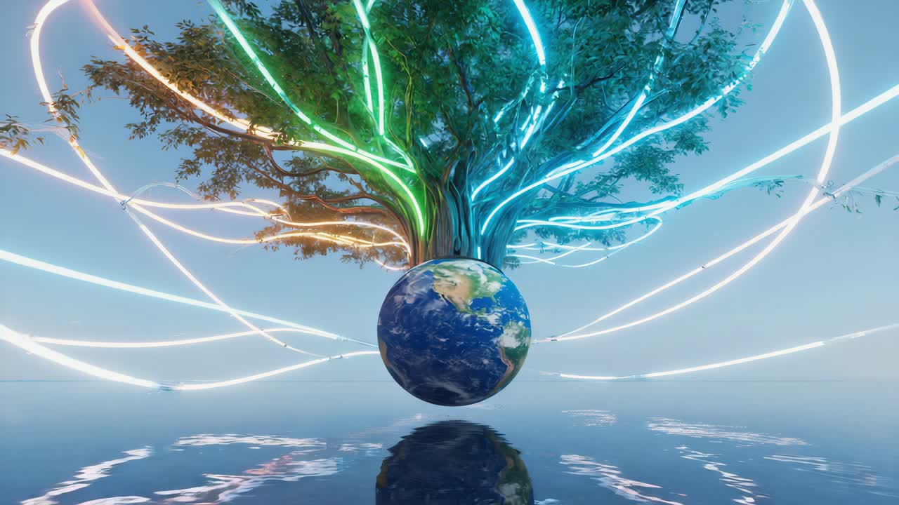 Symbolic representation of Earth with a vibrant tree and glowing connections