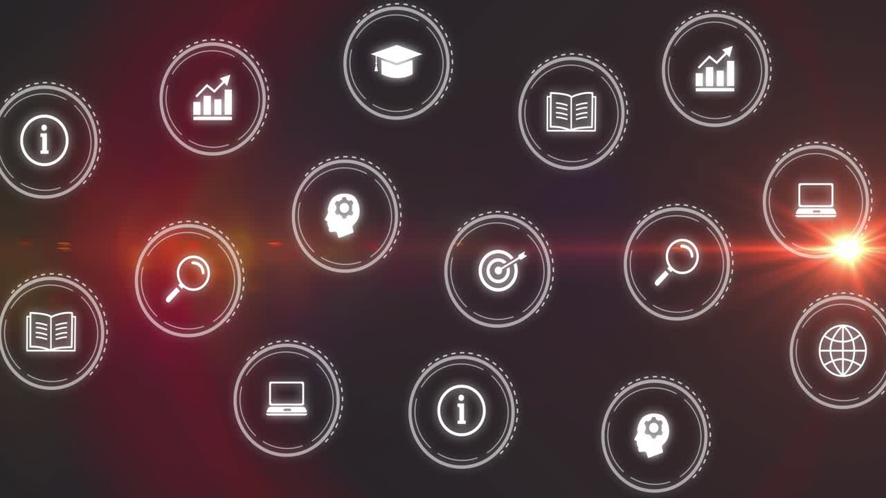 Orange lens flare sweeping across pulsating vector icon grid highlighting education and innovation