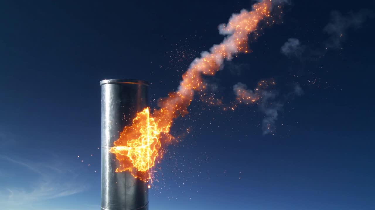 Incoming flame striking metal column, sparking molten hole and trailing smoke in industrial test