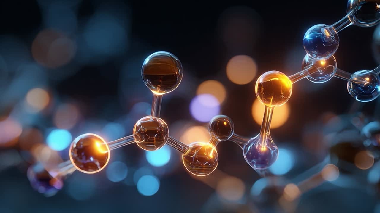 Molecular structure with glowing atoms in a dark background