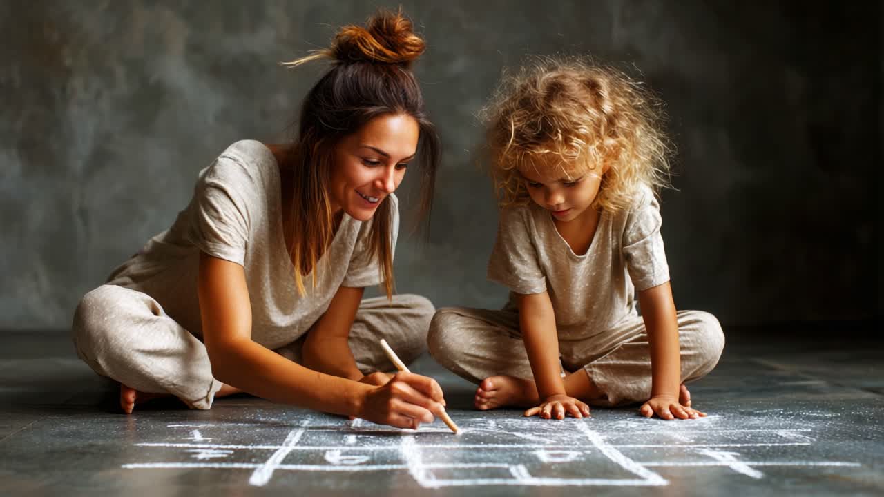 A Joyful Moment of Creativity: A Mother and Child Engaging in Playful Learning Through Drawing on a Floor with Chalk, Radiating Smiles in a Cozy Environment