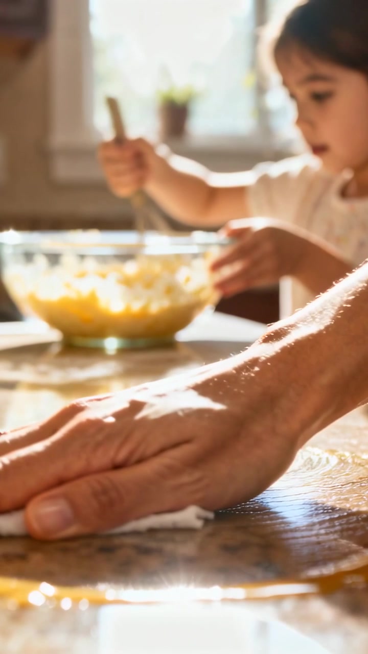 Vertical video: Wiping adult cleaning spill on sunny counter with white cloth, child whisking bowl
