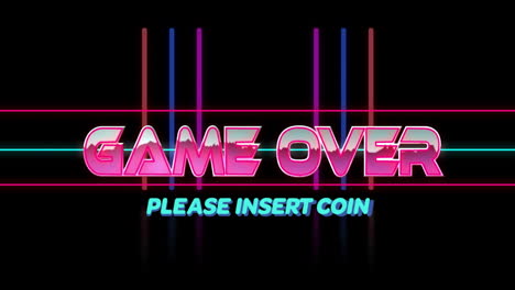 animation of game over please insert coin text over colourful lines on black background