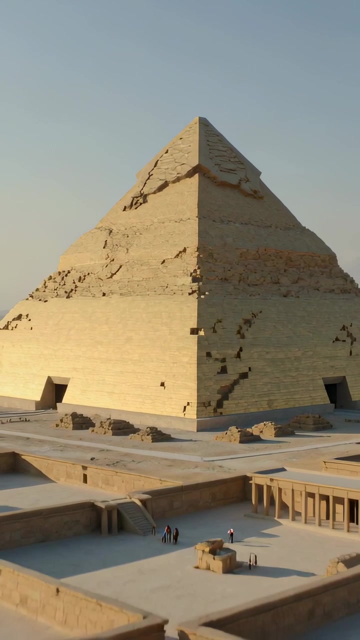 Video verticale: Telecamera che si allontana da un angolo, mostrando una piramide tra le rovine con visitatori che indossano cappelli.