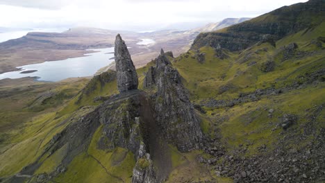 Aerial-Pullback-Reveals-Old-Man-of-Storr-Rock-Formation-on-Scotland's-Isle-of-Skye