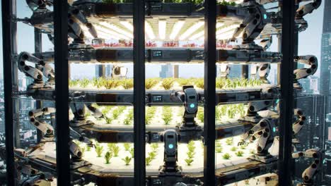 innovative robots cultivate fresh greens in an advanced vertical farm within a bustling urban environment. this setup utilizes vertical space to maximize yield and efficiency.