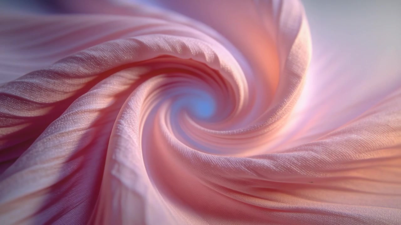 Saat yönünde dönmeye başlayan pembe kumaş spiral, stüdyo fonunda açılarak mavi bir çekirdeği ortaya çıkarıyor.