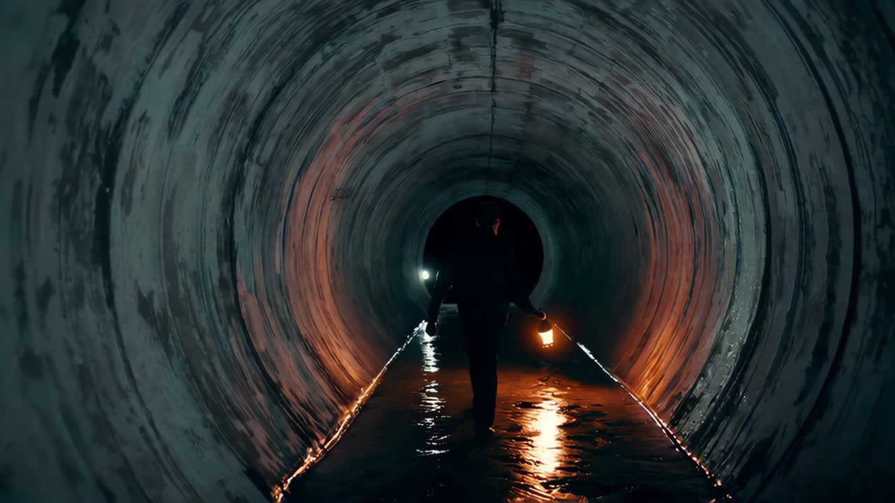 Man with Lantern Walking Through Dark Underground Tunnel
