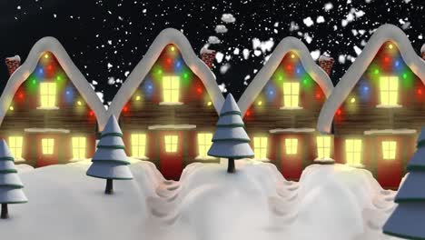 Animation-of-snow-falling-over-houses-with-fairy-lights