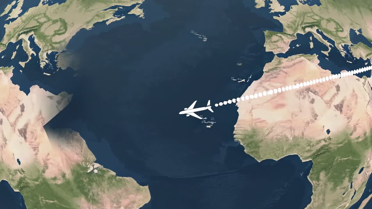 Aerial video view of a plane flying over a world map, leaving a dotted ...