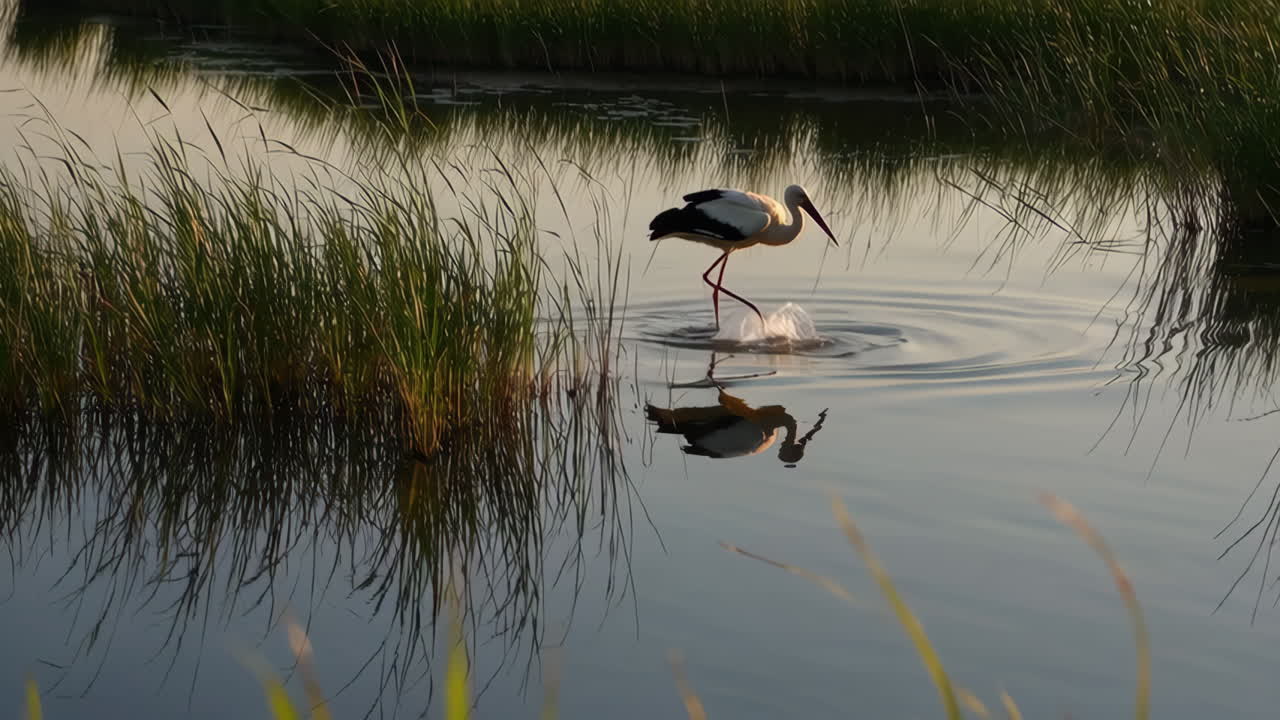 Stork in a Marsh at Sunset