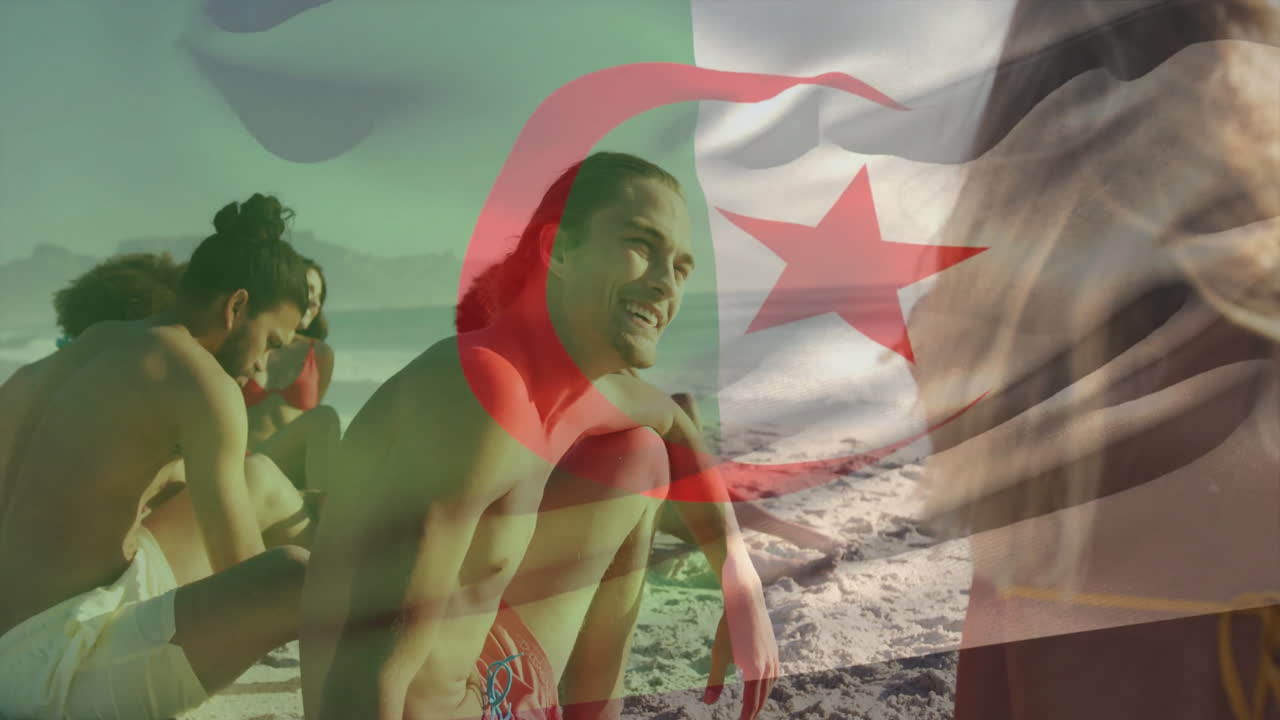 Holding Algerian flag, child running on beach with friends, enjoying animation