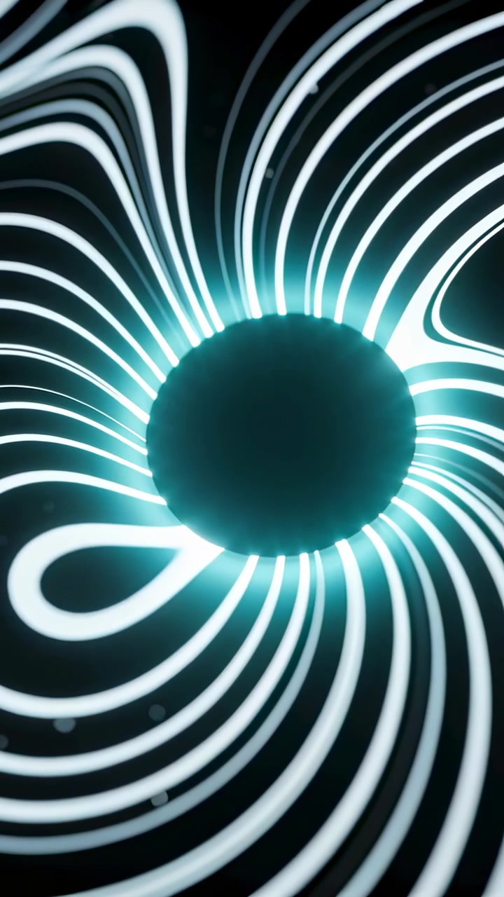 Vertical video: Starting playback core's ribbons rotating on black, halo pulsing for hypnotic swirl