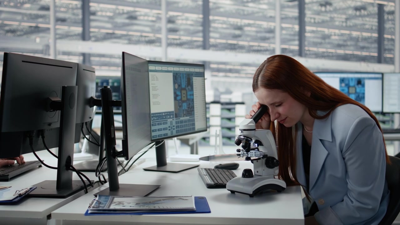 Woman in microelectronic facility studies microchip architecture with microscope