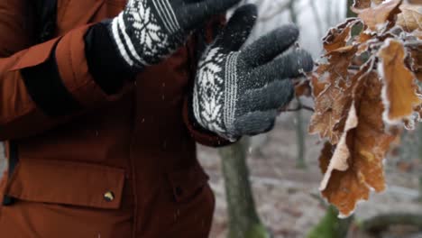 Man-shaking-of-white-frost-from-his-gray-cotton-gloves-in-forest-on-cold-winter-day,-SLOW-MOTION