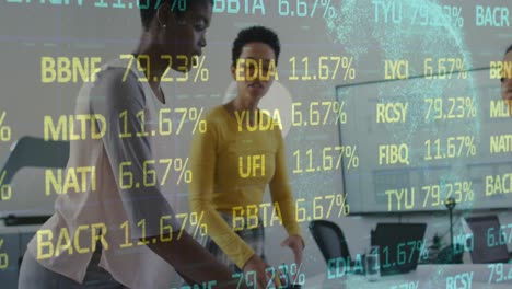 animation of financial graphs and data over diverse female coworkers in office