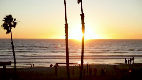 vista aérea de la puesta de sol pasando palmeras en la playa de california, gran inclinación hacia arriba