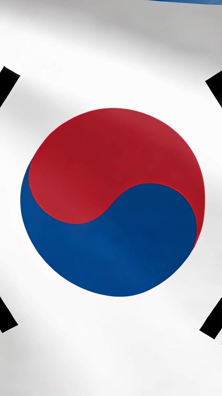 Video verticale: Bandiera coreana Taegukgi che sventola e si increspa nella brezza all'aperto, rivelando il cielo blu
