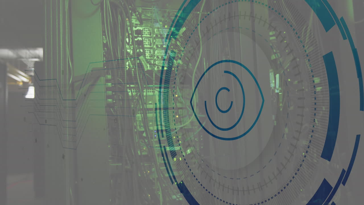 animación de la retina del ojo escáner redondo contra la habitación del servidor de computadora