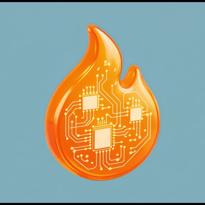 3D Animated Flame Icon with Integrated Circuit Board Pattern