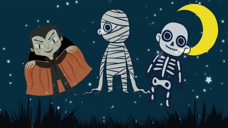 Animación-De-Iconos-De-Halloween-Sobre-La-Luna-Y-El-Murciélago.