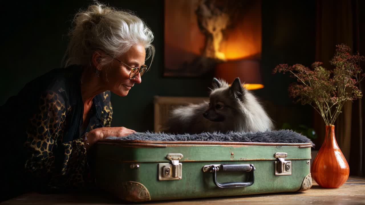 A Heartwarming Moment Between a Woman and Her Adorable Dog by the Suitcase, Capturing the Bond and Comfort in Their Cozy Environment with Warm Lighting and Natural Decor