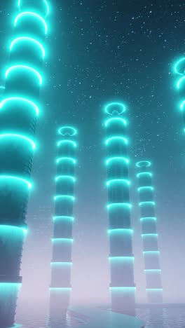skyscrapers with neon lights in sparkling starry night. 3d vertical animation