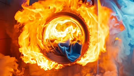 a burning washing machine with a blue cloth inside of it