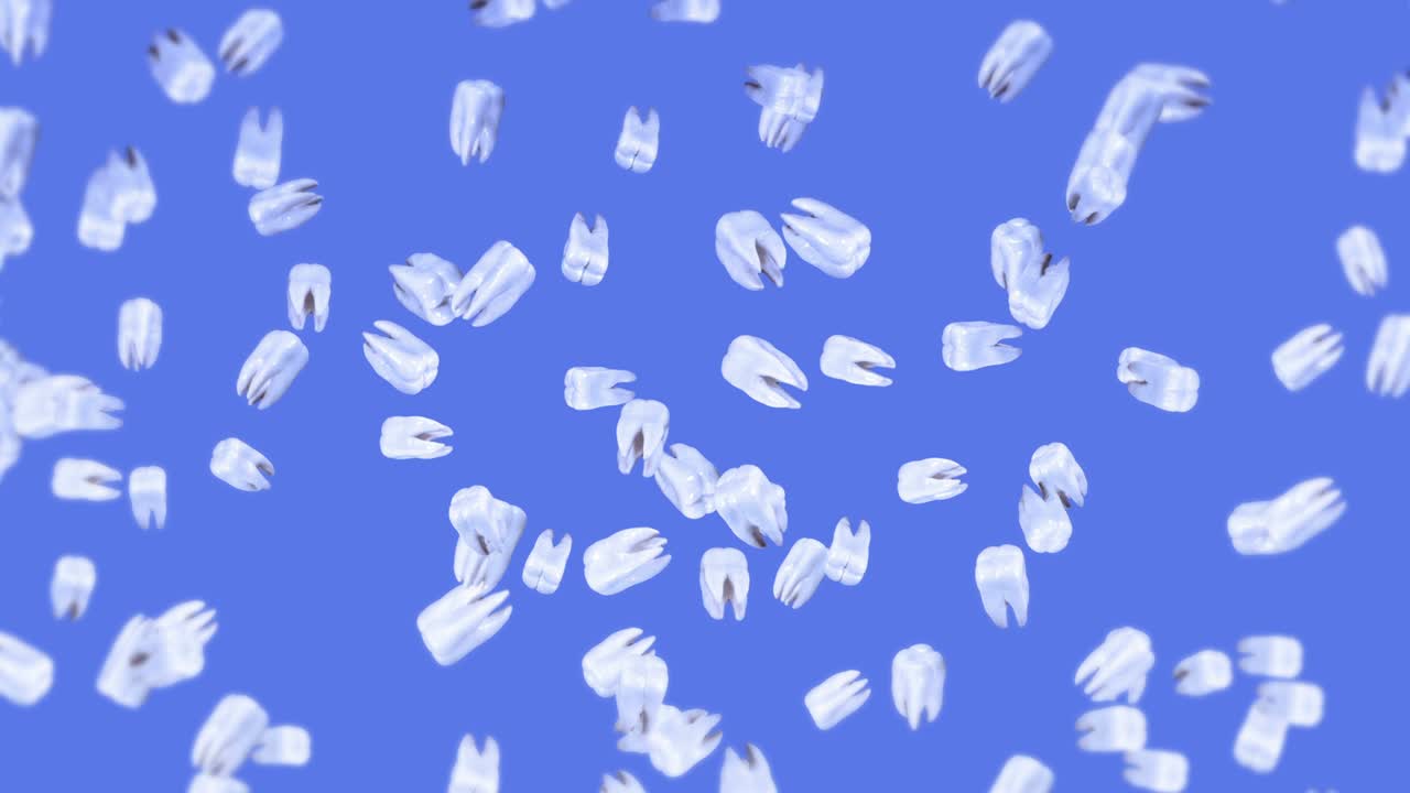 파란색 바탕에 많은  이빨을 날아. 치과 관리 개념. 치아 회전의 3d 애니메이션. 루프 애니메이션.